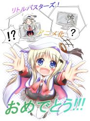 Rule 34 | 1girl, blonde hair, blue eyes, bow, cape, fang, foreshortening, fourth wall, hat, highres, little busters!, long hair, looking at viewer, noumi kudryavka, pink bow, plaid, plaid skirt, school uniform, shirotoshi, skirt, smile, television, thighhighs, through medium, through screen