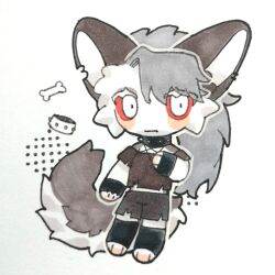 Rule 34 | 1boy, animal ears, bad bcy id, bad id, black choker, black leggings, black shorts, black wrist cuffs, blush stickers, bone, brown shirt, brown sleeves, choker, closed mouth, colored eyelashes, colored sclera, deformed, expressionless, fengye ningqiu, full body, grey hair, hand on own chest, highres, leggings, long hair, looking at viewer, male focus, original, pale skin, red sclera, shirt, short sleeves, shorts, simple background, solo, spiked choker, spikes, tail, torn clothes, torn shirt, torn shorts, torn sleeves, white background, white eyes, wolf ears, wolf tail, wrist cuffs