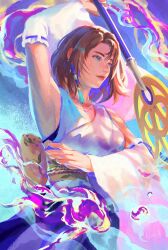Rule 34 | 1girl, blue background, blue eyes, brown hair, cassandra (avocasso), closed mouth, commentary, final fantasy, final fantasy x, hair ornament, heterochromia, highres, holding, holding staff, looking ahead, medium hair, multicolored background, red lips, sash, solo, staff, staff (ff10), tassel, tassel hair ornament, yellow sash, yuna (ff10)