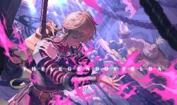 Rule 34 | 2boys, belt, blonde hair, bracer, chinese text, closed mouth, copyright name, fire, flamebreaker set (zelda), goron, hand on own shoulder, iketsumi, indoors, light rays, link, long sleeves, looking away, male focus, medium hair, multiple boys, nintendo, pink fire, pointy ears, reaching, reaching towards viewer, smile, standing, sunbeam, sunlight, sword, sword behind back, teeth, the legend of zelda, the legend of zelda: breath of the wild, weapon