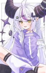 Rule 34 | 1girl, absurdres, ahoge, anku, apron, badge, black horns, blush, braid, braided bangs, button badge, demon girl, demon horns, frilled apron, frills, grey hair, hair between eyes, hair ornament, highres, hololive, horns, jacket, jersey maid, la+ darknesss, leg warmers, long hair, long sleeves, looking at viewer, loose socks, maid, maid apron, maid headdress, multicolored hair, open mouth, pointy ears, purple hair, purple horns, purple jacket, simple background, sleeves past wrists, smile, socks, solo, spoken blush, streaked hair, striped horns, track jacket, turtleneck, turtleneck jacket, unconventional maid, very long hair, virtual youtuber, white apron, white leg warmers, yellow eyes
