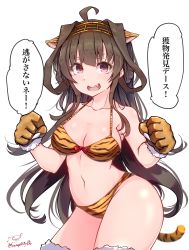Rule 34 | 1girl, absurdres, alternate costume, animal ears, animal hands, animal print, baileys (tranquillity650), bra, breasts, fake animal ears, fake tail, gloves, heart, heart in eye, highres, kantai collection, kongou (kancolle), medium breasts, navel, panties, paw gloves, print bra, print panties, purple eyes, solo, speech bubble, symbol in eye, tail, thighhighs, tiger ears, tiger print, tiger tail, translation request, underwear