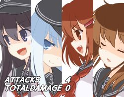 Rule 34 | &gt;:), &gt;:d, 4girls, :d, akatsuki (kancolle), anchor, anchor symbol, black hair, blue eyes, brown hair, close-up, closed eyes, cut-in, disgaea, fang, hair ornament, hairclip, hat, hibiki (kancolle), ikazuchi (kancolle), inazuma (kancolle), kantai collection, long hair, looking to the side, multiple girls, open mouth, parody, portrait, sazanami (kancolle), school uniform, serafuku, short hair, simple background, smile, text focus, upper body, v-shaped eyebrows, wamu (chartreuse), white background, white hair