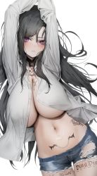 Rule 34 | 1girl, arms up, black hair, blush, body writing, breast tattoo, breasts, chest tattoo, cleavage, closed mouth, collarbone, hair between eyes, highres, large breasts, leg tattoo, long hair, long sleeves, looking at viewer, navel, neck tattoo, open clothes, original, poharo, purple eyes, short shorts, shorts, simple background, solo, stomach, stomach tattoo, tattoo, torn clothes, torn shorts, white background