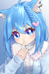 Rule 34 | 1girl, ahoge, animal ear fluff, animal ears, blue background, blue eyes, blue hair, blue sweater, blush, braid, bright pupils, cat ears, center frills, closed mouth, commentary request, finger to mouth, frilled shirt collar, frills, gradient background, grey background, hair between eyes, hair ornament, heart, heart hair ornament, highres, jewelry, long hair, long sleeves, looking at viewer, medium bangs, nanashi inc., necklace, paw print, shirt, single braid, smile, solo, souya ichika, souya ichika (3rd costume), sweater, upper body, virtual youtuber, white pupils, white shirt, yaaamta