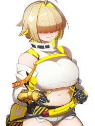Rule 34 | 1girl, absurdres, ahoge, black gloves, blonde hair, blush, breasts, clothing cutout, crop top, cropped sweater, elegg (nikke), exposed pocket, gloves, goddess of victory: nikke, grey shorts, hair intakes, hair over eyes, highres, kidya pipopi, large breasts, long bangs, long sleeves, micro shorts, multicolored clothes, multicolored gloves, multicolored hair, navel, short hair, shorts, shoulder cutout, simple background, solo, suspender shorts, suspenders, thigh strap, two-tone hair, white background, yellow gloves