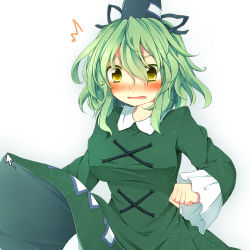 Rule 34 | 1girl, bad id, bad pixiv id, blush, breasts, clenched hand, clothes lift, cursor, dress, female focus, fuuen (akagaminanoka), green dress, green hair, hat, large breasts, long sleeves, open mouth, short hair, simple background, skirt, skirt lift, soga no tojiko, solo, tate eboshi, touhou, white background, yellow eyes