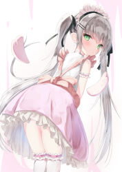 Rule 34 | 1girl, absurdres, apron, arm garter, back bow, blush, bow, frilled apron, frilled skirt, frilled thighhighs, frills, from behind, green eyes, grey hair, hair ornament, hairclip, highres, izuno (izunoyoshiki), leaning forward, long hair, looking at viewer, looking back, maid headdress, original, parted lips, petticoat, pink apron, pink skirt, shirt, skirt, sleeveless, sleeveless shirt, solo, thighhighs, twintails, upskirt, very long hair, waitress, white shirt, white thighhighs