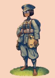 Rule 34 | 1girl, backpack, bag, barefoot, black hair, canteen, dark-skinned female, dark skin, erica (naze1940), glasses, hand on own hip, hat, highres, looking at viewer, military, military hat, military uniform, round eyewear, satchel, soldier, solo, standing, tan background, uniform, world war i
