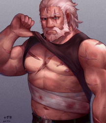 Rule 34 | 1boy, abs, bandages, bara, bare pectorals, bare shoulders, beard, belt, black tank top, clothes lift, da luode, facial hair, lifting own clothes, male focus, mature male, midriff sarashi, muscular, muscular male, navel, nipples, old, old man, overwatch, overwatch 1, pectorals, reinhardt (overwatch), sarashi, scar, scar across eye, scar on arm, scar on chest, scar on face, shirt lift, short hair, solo, stomach, tank top, upper body