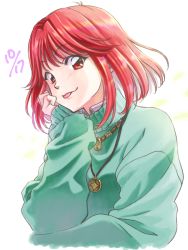 Rule 34 | 1girl, :p, asahina yuko, dated, green sweater, jewelry, looking at viewer, mixed-language commentary, necklace, nekomaru, red eyes, red hair, short hair, simple background, smile, solo, sweater, tokimeki memorial, tokimeki memorial 1, tongue, tongue out, upper body, white background