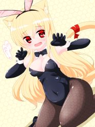 Rule 34 | 1girl, :d, animal ear fluff, animal ears, bare shoulders, black bow, black bowtie, black footwear, black gloves, black hairband, black leotard, blonde hair, bow, bowtie, breasts, brown pantyhose, cat ears, cat girl, cat tail, catsuit, cleavage, collar, commentary request, covered navel, detached collar, dutch angle, elbow gloves, fake animal ears, fang, gloves, hair between eyes, hairband, highres, honeycomb (pattern), honeycomb background, kanijiru, leotard, long hair, medium breasts, open mouth, original, pantyhose, playboy bunny, rabbit ears, red eyes, smile, solo, strapless, strapless leotard, tail, tail raised, translation request, twitter username, very long hair, white collar, wing collar, wrist cuffs