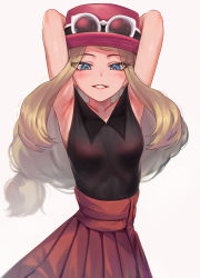 Rule 34 | 1girl, absurdres, armpits, arms up, black shirt, blue eyes, blush, breasts, brown hair, collarbone, creatures (company), eyes visible through hair, eyewear on headwear, fedora, game freak, hat, high-waist skirt, highres, long hair, looking at viewer, low-tied long hair, nintendo, parted lips, pink hat, pokemon, pokemon xy, red skirt, serena (pokemon), shirt, simple background, skirt, sleeveless, sleeveless shirt, small breasts, smile, solo, sunglasses, torriet, very long hair, white-framed eyewear, white background