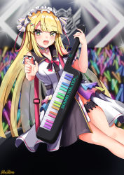 Rule 34 | 1girl, absurdres, bare shoulders, bell, blonde hair, blush, bow, breasts, choker, dress, frills, glowstick, green eyes, hair between eyes, hair ornament, headband, highres, holding, holding instrument, instrument, keytar, kougei ciel nana, long hair, looking at viewer, medium breasts, multicolored eyes, open mouth, ribbon, sleeveless, sleeveless dress, solo, sound voltex, stage, strap, tagme, thigh strap, tunamogumogu, white dress