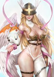 Rule 34 | 1girl, angel wings, angewomon, armpits, asymmetrical clothes, blonde hair, breasts, closed mouth, covered eyes, cowboy shot, curvy, digimon, digimon (creature), feathered wings, gloves, helmet, highres, large breasts, long hair, multiple wings, navel, patamon, revealing clothes, single glove, smile, tangerine (dudu), thigh strap, very long hair, winged helmet, wings