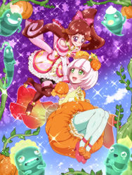 Rule 34 | 2girls, :d, blush, boots, bow, brooch, brown hair, commentary request, food-themed hair ornament, gloves, go! princess precure, green eyes, hair bow, hair ornament, jewelry, long hair, multiple girls, official style, open mouth, pantyhose, ponytail, precure, princess pumplulu, pumpkin, pumpkin hair ornament, purple eyes, refi (go! princess precure), shoes, short hair, skirt, smile, thigh boots, thighhighs, tj-type1, white hair
