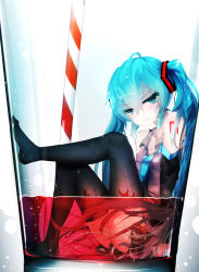 Rule 34 | 1girl, aqua eyes, aqua hair, black thighhighs, detached sleeves, drinking straw, frown, glass, hatsune miku, highres, long hair, md5 mismatch, no shoes, qys3, skirt, solo, thighhighs, twintails, vocaloid, wet