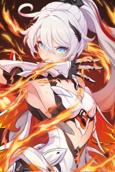 Rule 34 | 1girl, ahoge, arm up, armor, armpits, bare shoulders, belly, blue eyes, breasts, earrings, feather hair ornament, feathers, fiery background, fire, flaming eye, flaming hand, hair between eyes, hair ornament, highres, honkai (series), honkai impact 3rd, jewelry, kiana kaslana, kiana kaslana (herrscher of flamescion), long hair, looking at viewer, m78 zaitaoaotezhanshi, medium breasts, multicolored hair, ponytail, red background, second-party source, two-tone hair, upper body, very long hair, white armor, white hair