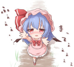 Rule 34 | 1girl, bat wings, blue hair, blush, bow, commentary request, crying, female focus, hat, hat ribbon, kisa (k isa), open mouth, outstretched arms, puffy sleeves, red eyes, remilia scarlet, ribbon, shirt, short sleeves, skirt, skirt set, solo, tears, touhou, wavy mouth, wings