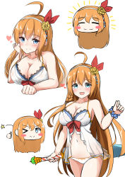 Rule 34 | &gt; o, 1girl, :d, ;), ^ ^, absurdres, ahoge, babydoll, bare arms, bare shoulders, blue eyes, blush, blush stickers, braid, breasts, brown hair, chibi, cleavage, closed eyes, closed mouth, collarbone, cropped torso, flower, hair between eyes, hair flower, hair ornament, hair ribbon, hairband, heart, highres, holding, large breasts, long hair, looking at viewer, moyoron, multiple views, navel, one eye closed, open mouth, panties, pecorine (princess connect!), pecorine (summer) (princess connect!), princess connect!, red ribbon, ribbon, rose, side braid, simple background, single braid, smile, star (symbol), thumbs up, underwear, v-shaped eyebrows, very long hair, white babydoll, white background, white hairband, white panties, yellow flower, yellow rose