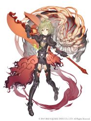 Rule 34 | 1boy, absurdres, ahoge, capelet, collarbone, dark persona, frown, full body, fur trim, green hair, halberd, half-nightmare, highres, holding, holding weapon, ji no, looking at viewer, medallion, official art, pinocchio (sinoalice), polearm, red eyes, short shorts, shorts, sinoalice, solo, square enix, tattoo, weapon, white background
