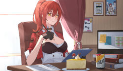 Rule 34 | 1girl, absurdres, alternate hairstyle, beer can, billboard, blush, book, bow, breasts, brown gloves, cake, cake slice, can, chair, cleavage, clipboard, closed mouth, curtains, desk, drink can, food, gloves, highres, holding, holding clipboard, holding pen, honkai (series), honkai impact 3rd, indoors, jacket, large breasts, long hair, murata himeko, murata himeko (battle storm), office, office chair, orange hair, paper, pen, picture frame, plate, ponytail, red bow, red jacket, short sleeves, sitting, smile, solo, swivel chair, tsukino (nakajimaseiki), window, yellow background, yellow eyes
