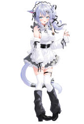 Rule 34 | 1girl, :d, absurdres, animal ears, apron, black skirt, blue eyes, blue hair, breasts, cat ears, cat girl, cat tail, detached sleeves, fang, final fantasy, final fantasy xiv, full body, highres, large breasts, leg warmers, light blue hair, long sleeves, looking at viewer, maid, maid headdress, medium hair, miqo&#039;te, open mouth, roman numeral, shirt, side ponytail, simple background, skirt, sleeveless, sleeveless shirt, smile, standing, tail, thigh strap, thighhighs, warrior of light (ff14), white apron, white background, white shirt, white thighhighs, yana mori