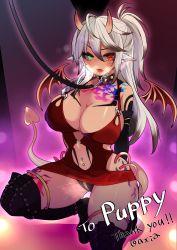 Rule 34 | 1girl, absurdres, animal ears, axia (03400441), bdsm, boots, breasts, collar, commission, dark-skinned female, dark skin, demon girl, demon tail, demon wings, green eyes, heterochromia, highres, indie virtual youtuber, large breasts, leash, lingerie, puppy (vdogg), red eyes, skeb commission, slave, tail, tattoo, thigh boots, thighhighs, underwear, virtual youtuber, wings