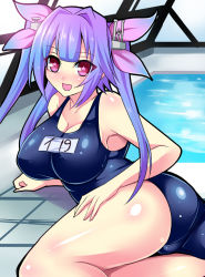 Rule 34 | 10s, 1girl, armpits, ass, breasts, female focus, hair ribbon, headgear, i-19 (kancolle), kantai collection, large breasts, long hair, looking at viewer, lying, name tag, nishida megane, one-piece swimsuit, open mouth, pool, purple hair, red eyes, rei no pool, ribbon, school swimsuit, solo, star-shaped pupils, star (symbol), swimsuit, symbol-shaped pupils, twintails