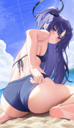Rule 34 | 1girl, :/, absurdres, ass, ass focus, back, bare arms, bare shoulders, barefoot, beach, bikini, blue archive, blue bikini, blue sky, blush, breasts, closed mouth, cloud, day, from behind, halo, highres, long hair, looking back, medium breasts, nashi (nashipple1), outdoors, purple eyes, purple hair, sand, sitting, sky, solo, swimsuit, thighs, v-shaped eyebrows, very long hair, wariza, water, yuuka (blue archive)