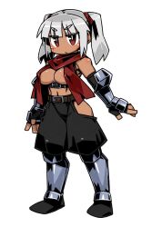 Rule 34 | 1girl, areola slip, arm guards, black pants, cannsk, commentary request, elbow gloves, fingerless gloves, full body, gloves, grey hair, high-waist pants, navel, original, pants, red eyes, red scarf, scarf, scarf over breasts, shin guards, side slit, solo, twintails, v-shaped eyebrows