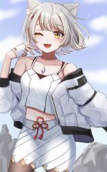 Rule 34 | 1girl, ;d, animal ear fluff, animal ears, bare shoulders, blue sky, braid, breasts, brown eyes, brown pantyhose, camisole, cloud, collarbone, commentary request, day, fangs, fingerless gloves, gloves, grey hair, highres, jacket, long sleeves, looking at viewer, midriff, mio (xenoblade), navel, off shoulder, one eye closed, open clothes, open jacket, open mouth, outdoors, pantyhose, puffy long sleeves, puffy sleeves, sani (saaanii), skirt, sky, small breasts, smile, solo, standing, white camisole, white gloves, white jacket, white skirt, xenoblade chronicles (series), xenoblade chronicles 3