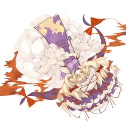 1girl bad_id bad_pixiv_id blonde_hair bow dress female_focus frills gap_(touhou) hair_bow hat hat_ribbon highres long_hair orange_eyes parasol ribbon smile solo touhou umbrella upside-down wide_sleeves yakumo_yukari zutta