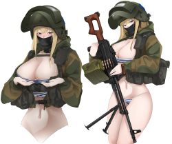 Rule 34 | 1girl, absurdres, bikini, blonde hair, blue eyes, blush, breasts, cleavage, fte (fifteen 199), gun, helmet, highres, holding, holding gun, holding weapon, jacket, large breasts, long hair, looking at viewer, mask, mole, mole on breast, multiple views, navel, original, pouch, shirt, simple background, striped clothes, striped shirt, sweat, swimsuit, telnyashka, weapon, white background