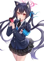 Rule 34 | 1girl, absurdres, animal ears, armband, biting, black hair, blue archive, blush, cat ears, glove biting, gloves, hair between eyes, highres, id card, ion (on01e), long hair, looking at viewer, red eyes, school uniform, serika (blue archive), simple background, solo, twintails, white background
