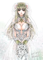 Rule 34 | 1girl, alicia (valkyrie profile 2), blonde hair, blush, bouquet, breasts, bridal veil, closed mouth, dated, dress, flower, hair flower, hair ornament, hairband, holding, holding bouquet, jewelry, long hair, medium breasts, solo, standing, sutehiko, twitter username, valkyrie profile (series), valkyrie profile 2: silmeria, veil, wedding dress, white dress, white flower