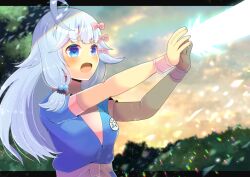 Rule 34 | 1girl, ahoge, blue eyes, blurry, blurry background, bow, breasts, charlotte suzu, cloud, cloudy sky, commentary request, commission, depth of field, dougi, dragon ball, fang, grey hair, hair bow, kamehameha (dragon ball), kou hiyoyo, letterboxed, long hair, looking away, open mouth, pink bow, production kawaii, skeb commission, sky, small breasts, solo, sunset, upper body, v-shaped eyebrows, very long hair, virtual youtuber