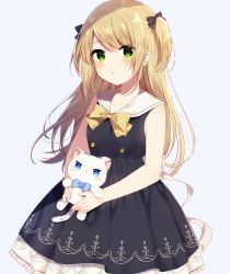 Rule 34 | 1girl, animal, bad id, bad pixiv id, bare arms, bare shoulders, black bow, black dress, blue background, blue bow, blue eyes, blush, bow, cat, commentary request, dress, green eyes, hair between eyes, hair bow, highres, holding, holding animal, holding cat, light brown hair, long hair, looking at viewer, mafuyu (chibi21), original, parted lips, pleated dress, sailor collar, sailor dress, simple background, sleeveless, sleeveless dress, solo, two side up, very long hair, white sailor collar, yellow bow