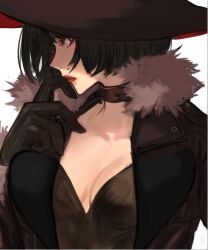 Rule 34 | 1girl, alternate costume, black gloves, black hair, black headwear, breasts, cleavage, gloves, guilty gear, guilty gear strive, hat, hitsuji kusa, i-no, looking at viewer, medium breasts, mole, mole above mouth, red lips, short hair, witch hat
