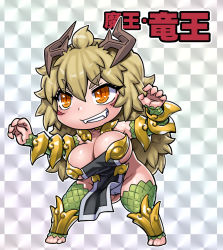 Rule 34 | 1girl, barefoot, big hair, blonde hair, blush, breasts, cameltoe, chibi, claw pose, cleavage, demon girl, facial mark, fangs, full body, grey background, grin, hands up, horns, kosuke orz, large breasts, long hair, orange eyes, original, pelvic curtain, smile, solo