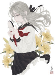 Rule 34 | 1girl, absurdres, black ribbon, black sailor collar, black skirt, closed mouth, cowboy shot, cropped legs, expressionless, floating hair, flower, from side, grey eyes, grey hair, hair between eyes, hair ribbon, half updo, hands up, highres, holding, holding mask, lily (flower), long hair, long sleeves, making-of available, mask, neckerchief, noh mask, original, pleated skirt, red neckerchief, ribbon, sailor collar, sailor shirt, school uniform, seal impression, serafuku, shirt, signature, simple background, skirt, solo, standing, ushiyama ame, white background, white shirt, yellow flower