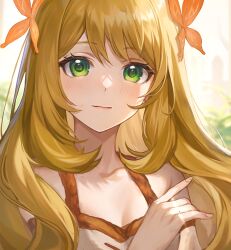 Rule 34 | 1girl, absurdres, bare shoulders, blonde hair, blush, celine (fire emblem), commentary request, dress, fire emblem, fire emblem engage, green eyes, hair ornament, highres, jurge, looking at viewer, nintendo, off-shoulder dress, off shoulder, solo, upper body