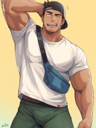 Rule 34 | 1boy, arm behind head, backwards hat, bara, baseball cap, black hat, dark-skinned male, dark skin, facial hair, fanny pack, green pants, hat, highres, looking at viewer, male focus, muscular, muscular male, nervous, one eye closed, open mouth, original, pants, sanpaku, shirt, simple background, solo, stubble, sweat, t-shirt, thick eyebrows, white shirt, yellow background, zifu