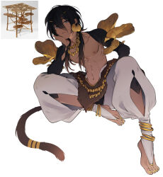 Rule 34 | 1boy, abs, anklet, barefoot, black hair, black sleeves, blue eyes, bridal legwear, circlet, clothing cutout, coin (ornament), collarbone, commentary, dark-skinned male, dark skin, dmuyaa, earrings, full body, hair between eyes, hand on own cheek, hand on own face, hand up, head rest, head tilt, invisible chair, jewelry, long hair, looking at viewer, male focus, monkey boy, monkey tail, nail polish, navel, necklace, nipples, no shoes, original, pants, pectorals, pelt, photo inset, reference inset, short hair, shrug (clothing), simple background, sitting, smile, solo, symbol-only commentary, tail, toenail polish, toenails, toned, toned male, white background, white pants, yellow nails