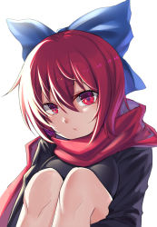 Rule 34 | 1girl, black shirt, blue bow, bow, breasts, commentary request, hair between eyes, hair bow, hair ribbon, head tilt, knees up, koissa, long sleeves, looking at viewer, medium breasts, one-hour drawing challenge, red eyes, red hair, red scarf, ribbon, scarf, sekibanki, shirt, short hair, simple background, sitting, solo, touhou, upper body, white background