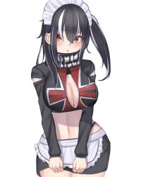 Rule 34 | 1girl, :o, apron, azur lane, black hair, black skirt, blush, breasts, cleavage, cowboy shot, crossed bangs, highres, large breasts, long hair, long sleeves, looking at viewer, maid headdress, mashiro03, midriff, miniskirt, multicolored hair, navel, official alternate costume, parted lips, red eyes, side ponytail, simple background, skirt, solo, streaked hair, u-47 (azur lane), u-47 (urban maid) (azur lane), white apron, white background, white hair, white headwear