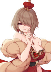 Rule 34 | 15805850117, 1girl, absurdres, bare arms, bare shoulders, breasts, cleavage, collarbone, commentary, crown, dress, earrings, gem, hair over one eye, heart, heart earrings, highres, honkai (series), honkai impact 3rd, jewelry, large breasts, looking at viewer, mole, mole under eye, red dress, red eyes, red gemstone, rita rossweisse, rita rossweisse (umbral rose), short hair, simple background, sleeveless, sleeveless dress, smile, solo, strapless, strapless dress, teeth, upper body, white background