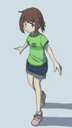 Rule 34 | 1girl, artist request, blue eyes, blue shorts, brown hair, child, denim, denim shorts, freckles, frog, full body, green hair ornament, green shirt, green stripe, hair ornament, highres, indie virtual youtuber, lily hopkins, looking at viewer, medium hair, pink footwear, shadow, shirt, shorts, simple background, smile, socks, source request, standing, striped clothes, striped shirt, virtual youtuber