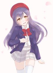 Rule 34 | 1girl, absurdres, beret, blazer, blue hair, bow, bowtie, commentary request, hair between eyes, hat, highres, jacket, kobayashi nyoromichi, long sleeves, looking at viewer, love live!, love live! school idol festival, love live! school idol project, open mouth, otonokizaka school uniform, petals, pleated skirt, red bow, red bowtie, red hat, school uniform, shirt, simple background, skirt, smile, solo, sonoda umi, striped clothes, striped skirt, thighhighs, white background, white shirt, white thighhighs, yellow eyes