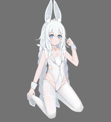 Rule 34 | + +, 1girl, absurdres, adjusting footwear, ahoge, animal ear fluff, animal ears, azur lane, black background, blue eyes, braid, breasts, choker, closed mouth, collarbone, commentary, crotchless, expressionless, eyes visible through hair, fake animal ears, full body, grey background, groin, hair between eyes, hairband, hand up, high heels, highleg, highleg leotard, highres, kneeling, kuyoumi, le malin (azur lane), le malin (listless lapin) (azur lane), leotard, long hair, looking at viewer, low twin braids, o-ring, o-ring choker, official alternate costume, pantyhose, playboy bunny, rabbit ears, shoes, sidelocks, simple background, small breasts, solo, thigh strap, thighs, twin braids, very long hair, white choker, white footwear, white hair, white leotard, white pantyhose, wrist cuffs